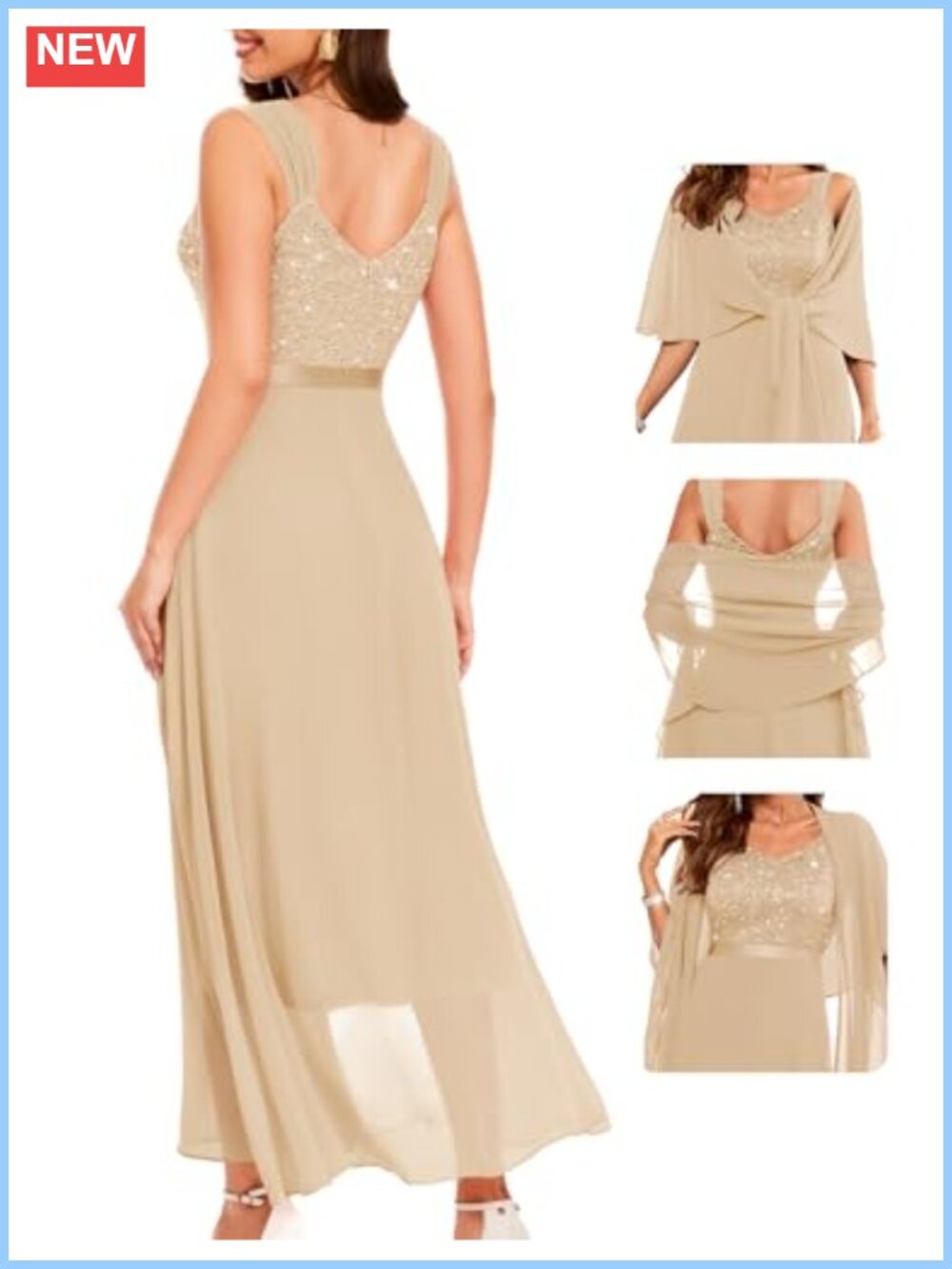 Formal Sequin Cocktail Evening Long Wedding Guest Dress with Chiffon Shawl